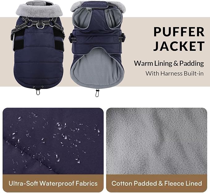 Queenmore XXXL Dog Coats for Extra Large Dogs Winter with Harness Built-in, Warm Waterproof Snow Jacket Large, Cold Weather Outdoor Puffer Coat - Fleece Lining Velcro Closure Reflective Easy On, Navy