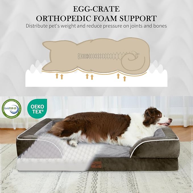 Comfort Expression Orthopedic Dog Bed for Large Dogs 36x27 Inch, Waterproof Supportive Egg Crate Foam Large Pet Bed with Removable Bolsters, Dog Couch with Washable Cover & Non-Slip Bottom, Dark Green