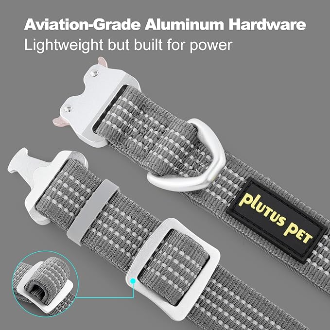 Plutus Pet Reflective Dog Collar with Aviation Aluminum Buckle, Neoprene Padded for Comfort, Lightweight, Heavy Duty Nylon Collar for Puppy Small Medium Large Dogs (Gray, M)