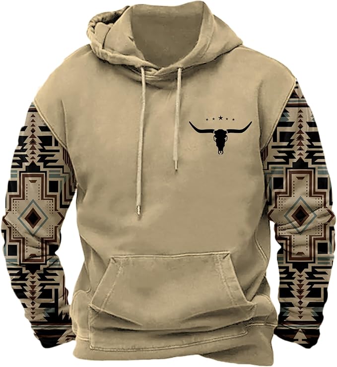 HOTYD Mens Western Aztec Sweatshirts Long Sleeve Fall Fashion Drawstring Pullover Vintage Graphic Cowboy Hoodie for Men