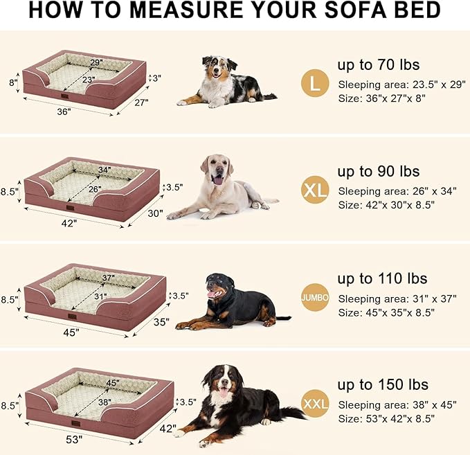Orthopedic XL Dog Beds, Waterproof Memory Foam Big Pet Bed for Extra Large Sized Dogs 45x35Inch, Non-Slip Bottom and Egg-Crate Foam Dog Couch Bed with Washable Removable Cover, Pink
