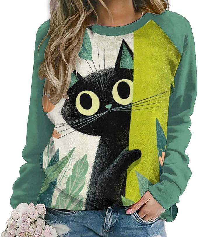 Abstract Cute Cat Shirts for Women Long Sleeve Lady Crewneck Pullover Sweatshirt Fall Winter Oversized Tops