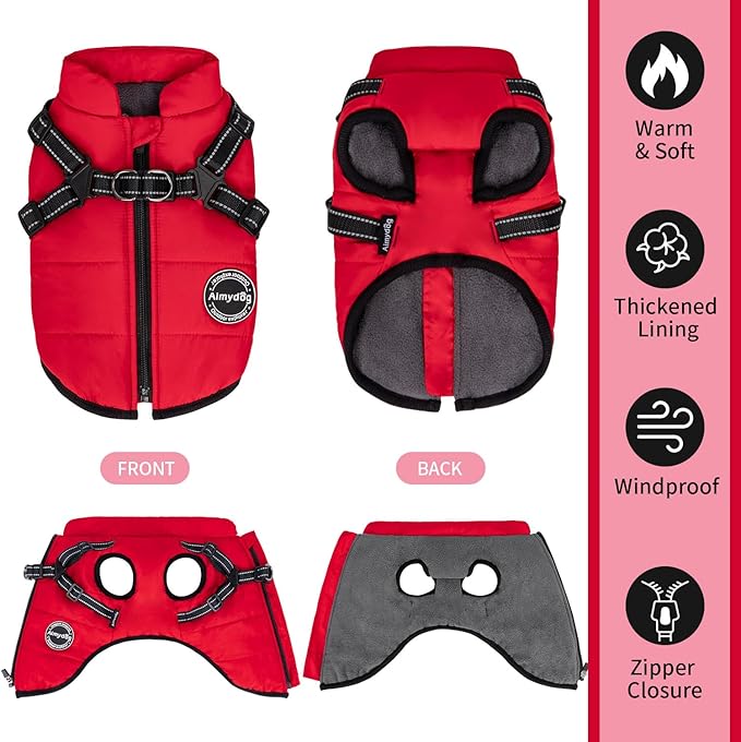 Warm Winter Coat, Fashion Sports Cold Weather Jacket With Built-in Harness, Reflective & Adjustable Comfortable Pet Vest, Waterproof Windproof Apparel for Small Dogs (Red)