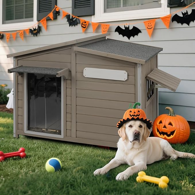 Outdoor Dog House, Weatherproof Wooden Kennel for Medium Dogs, Large Wooden Dog House with Chew-Proof Iron Frame, Removable Floor (Grey, 43.5"D x 29.5"W x 33.5"H) (Grey, 43.5" D x 29.5" W x 33.5" H)