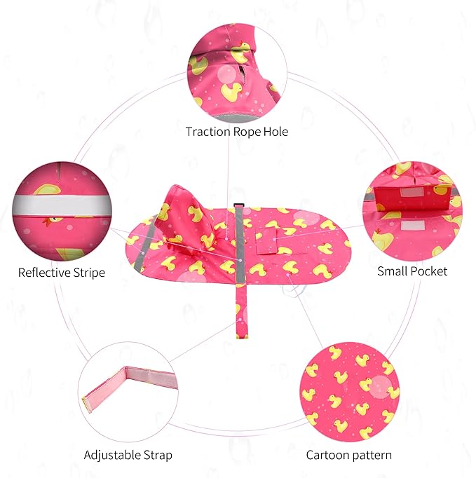NACOCO Large Dog Raincoat Adjustable - Pet Rubber Ducks Yellow Water Proof Clothes Lightweight Rain Jacket Poncho Hoodies with Strip Reflective Pink (Pink XXL, Yellow Duck)