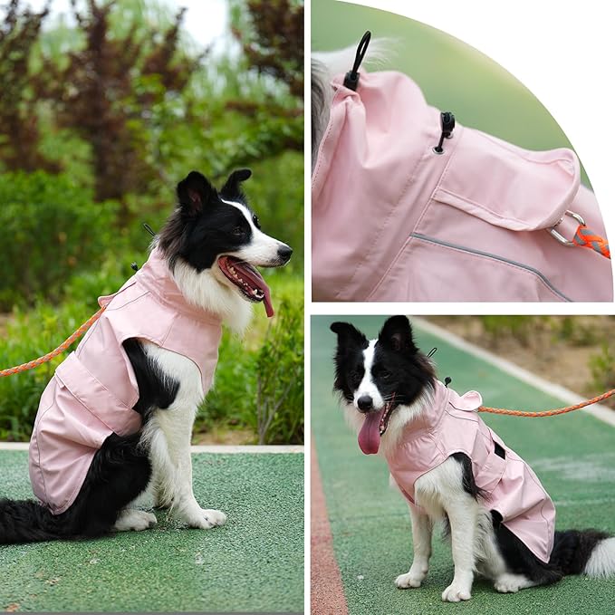 Waterproof Dog Raincoat with Reflective Strip, Adjustable Breathable Rain Coat Jacket with Leash Hole for Dogs (Pink, Large)