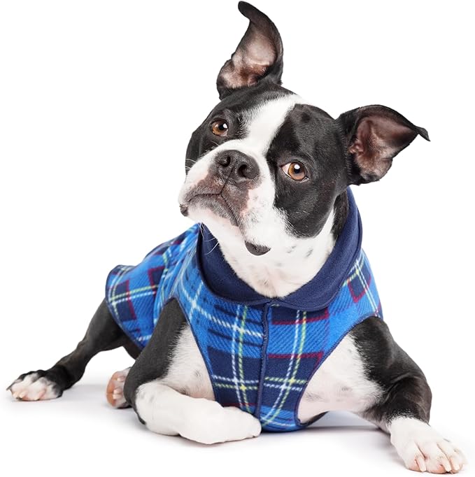 Goldpaw Duluth Double Fleece Dog Sweater Vest for Large Dogs - Soft, Stretchy Dog Fleece - Warm Pet Jacket for Fall and Winter - Premium Pet Outerwear - Machine Washable - Blue Plaid/Navy - Size 24