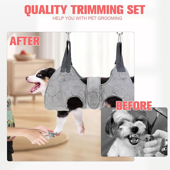 PAWCHIE Dog Grooming Hammock Harness for Dogs & Cats with Pet Nail Clipper Trimmer,Cat Hanger Sling for Trimming Clipping Nails,Warm Plush Dog Hammock Restraint Bag for Small Medium Large Dogs,Grey S