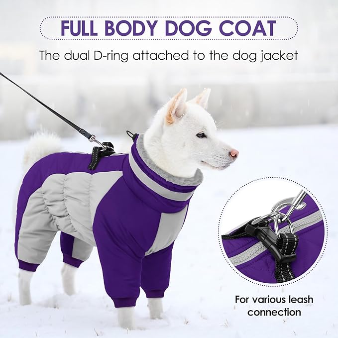 SUNFURA Full Body Dog Coat - Warm Fleece Jacket for Medium Dogs, Turtleneck Winter Coats with Harness, Reflective Dog Snowsuit Windproof Puffer Jackets with Legs for Boston Terrier, Purple M