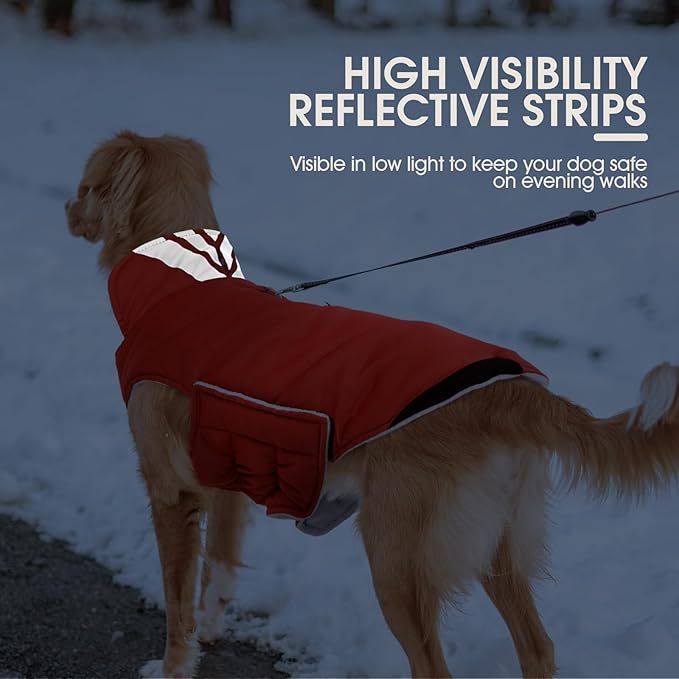 Kuoser Dog Coat Large, Cold Weather Reflective Waterproof Dogs Jacket with Warm Fleece Lining, Turtleneck Dog Winter Coat with Zipper, Doggy Snow Jacket Pet Coats for Small Medium Large Dogs, Red XL