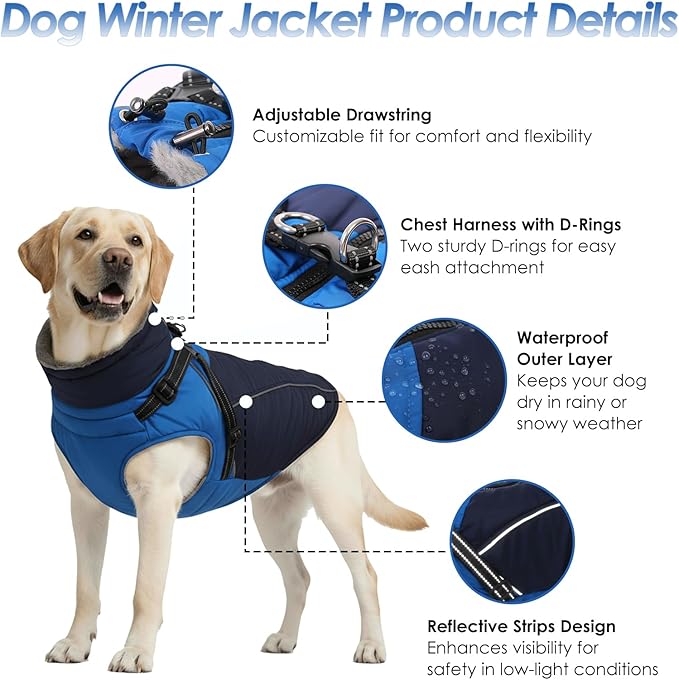 ASENKU Reflective Dog Coat with Built-in Harness, Windproof Fleece-Lined Dog Jacket for Small, Medium, Large Dogs, Warm Winter Vest with Turtleneck & Zipper (Navyblue 3XL)