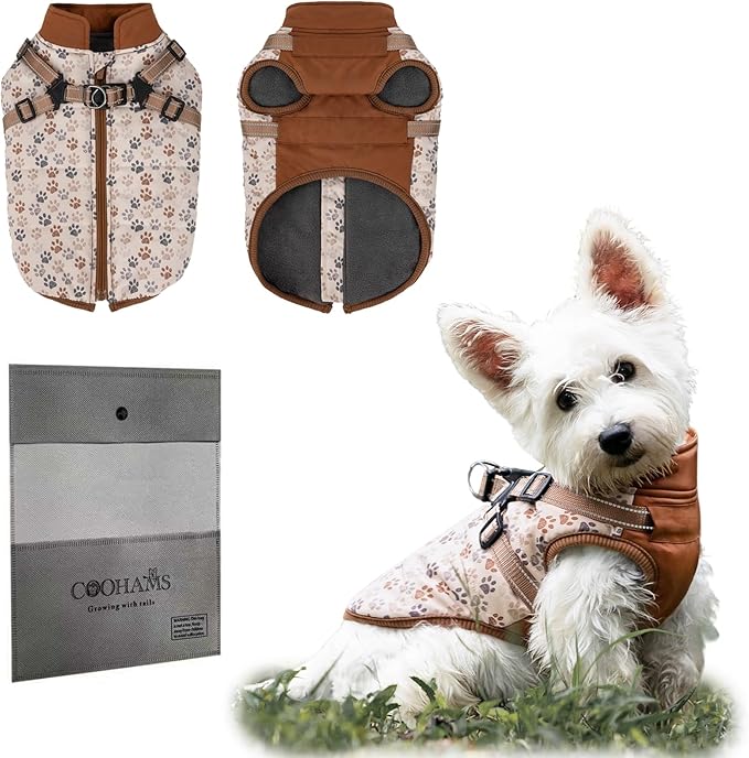 Dog Winter Coat for Small & Medium Dogs (Up to 32lb), Waterproof Dog Coat with Harness, Puppies Windproof Puppy Puffer Jacket, Snowsuit for Dachshund,Frenchie, Corgi (Paw Brown, XLarge)