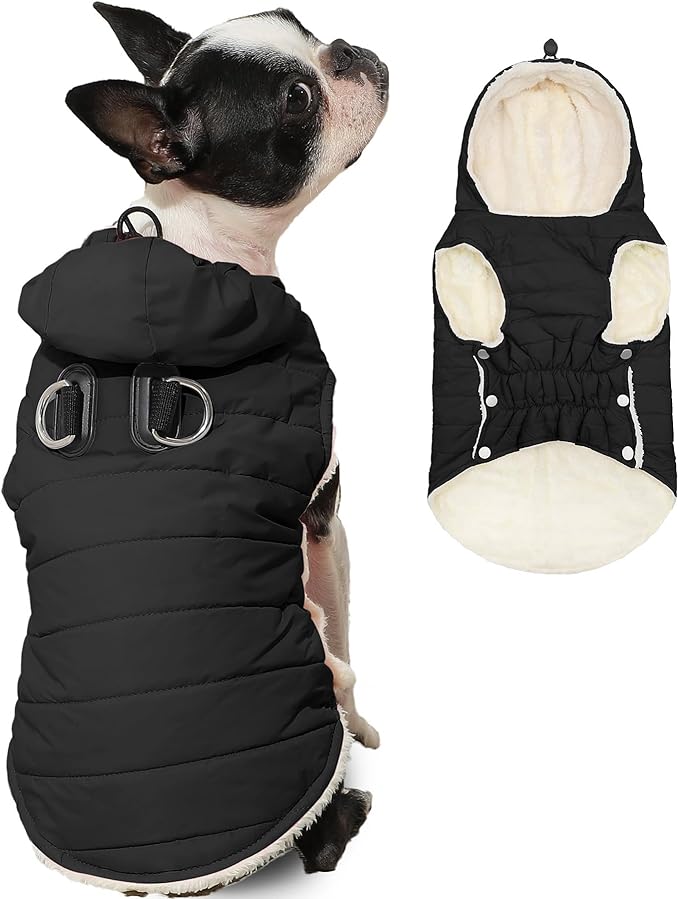 Fleece Lining Dog Hoodie with Harness Built in,Extra Warm Medium Dog Jacket in Winter Doggie Coats with Drawstring Hooded,Black XL