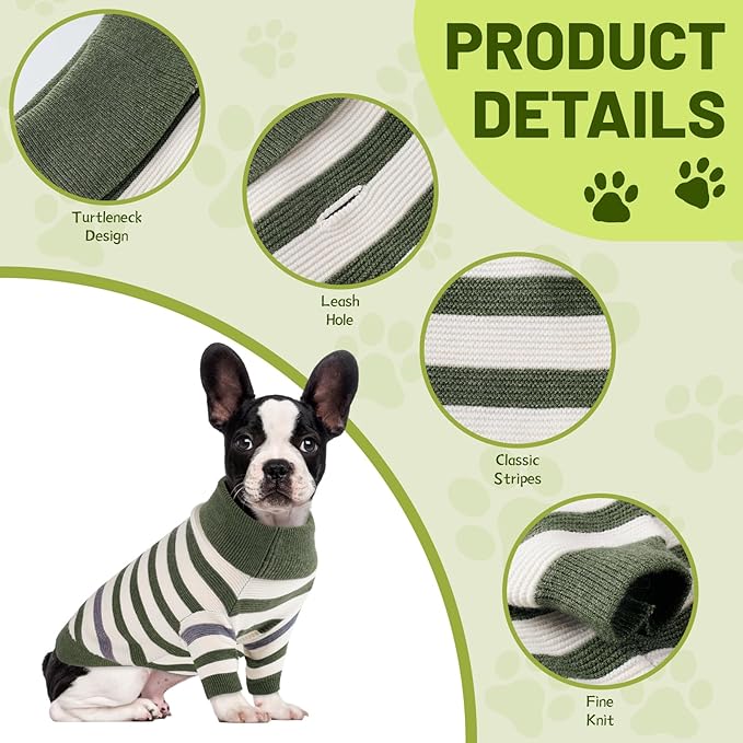 Small Dog Sweater, Knitted Striped Pullover Dog Clothes for Cold Weather, Thick Warm Cozy Stretchy Sweater for Chihuahua, Bulldog, Dachshund, Pug(Green & White Strip, S)
