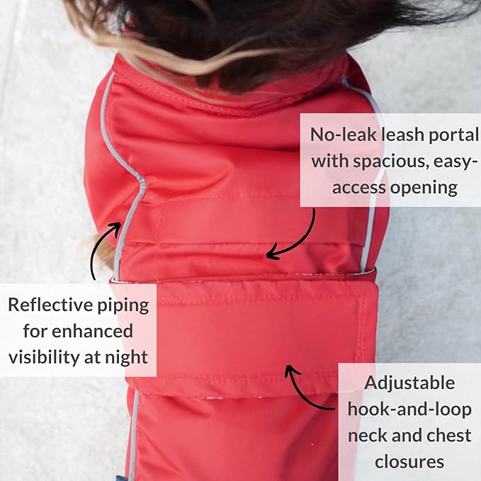 DJANGO Dog Jacket & Raincoat – Lightweight Water-Resistant Coat for Small, Medium & Long Dogs Like Dachshunds – Reflective, Adjustable Fit, Harness-Compatible & Easy-Access Harness Hole - Red, Medium