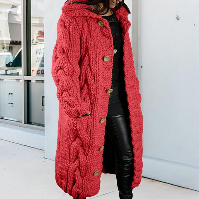 LOAIHA Women Chunky Cable Knit Long Sleeve Cardigan Fall Winter Trendy Oversized Button Down Sweaters Outerwear with Pocket