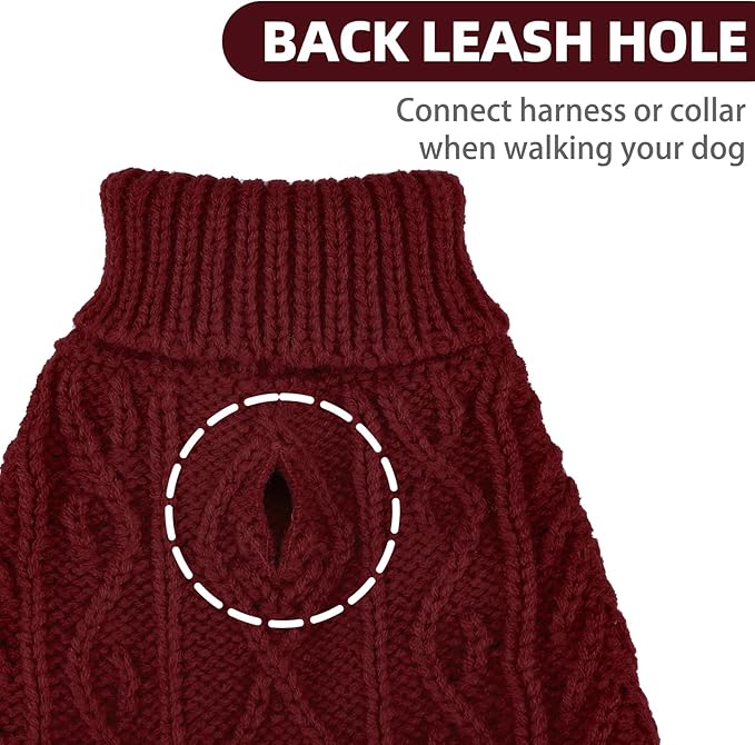 PUPTECK Dog Sweater, Turtleneck Warm Knitted Pullover Coat, Thick Cable Knitwear Clothes in Winter, Pet Apparel Outfits for Small Medium Dogs, for Cold Weather Indoor & Outdoor, Deep Red M