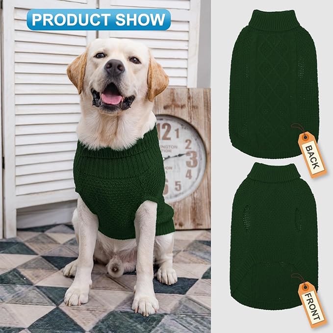 Mihachi Turtleneck Dog Sweater - Winter Coat Apparel Classic Cable Knit Clothes with Leash Hole for Cold Weather, Ideal Gift for Pet in New Year Army Green XL