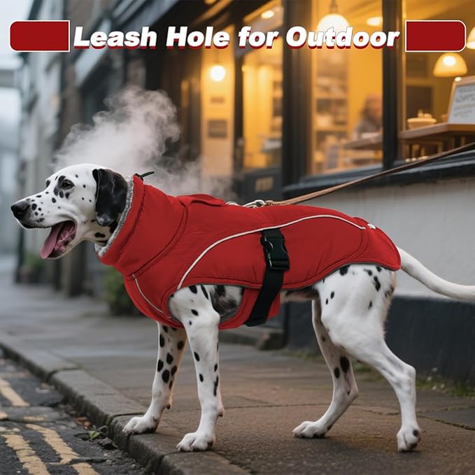 DENTRUN Extra Large Warm Dog Jacket - Windproof Water Repellent Reflective Coat, Adjustable Plush Turtleneck, Easy Wear Fleece Lined Cold Weather Vest for Great Dane, Red, XXXL