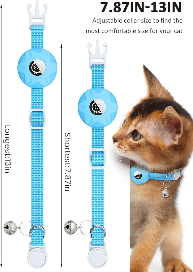 AirTag Cat Collar, Reflective Kitten Collar Breakaway Apple Air Tag Cat Collar, GPS Cat Collar with AirTag Holder and Bell, Lightweight Tracker Cat Collars for Girl Boy Cats Puppies (Luminous Blue)