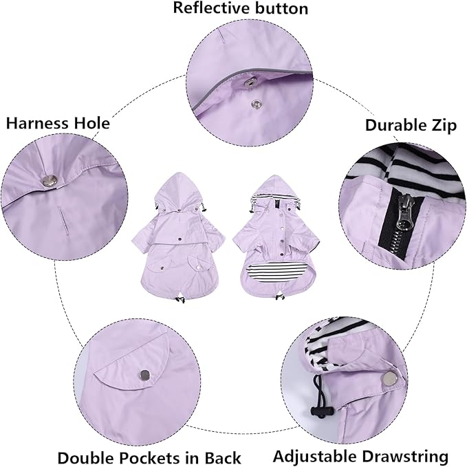 Morezi Dog Zip Up Raincoat with Reflective Buttons, Rain/Water Resistant, Adjustable Drawstring, Removable Hood, Raincoats with Legs 8lbs to 80lbs Available - Purple - S