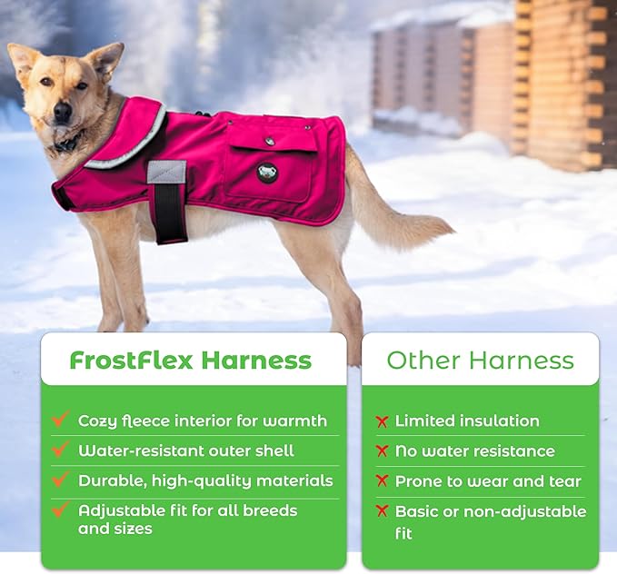 Joyride Harness FrostFlex Dog Winter Jacket - Fleece Lined & Water-Resistant - Snowsuit with Pockets for Treats & Poop Bags - Durable Cold Weather Dog Coat - Pink Berry-L
