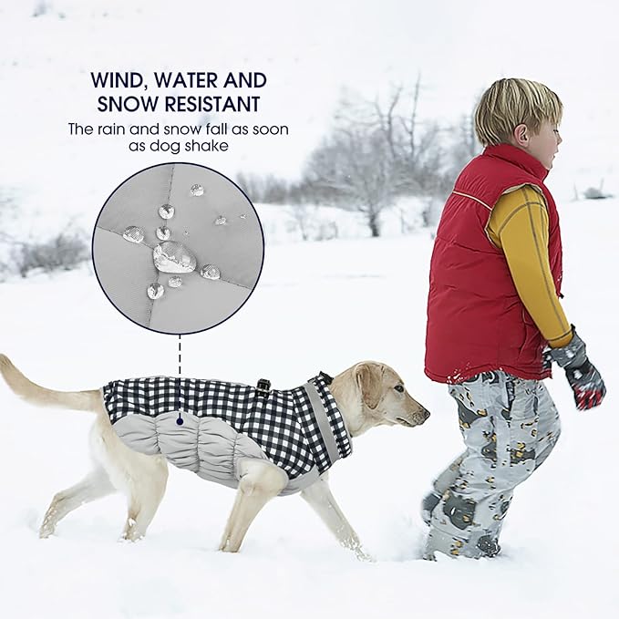 FUAMEY Dog Coat for Large Dogs,Waterproof Dog Winter Jacket with Harness Built in Puppy Cold Weather Coats Reflective Pet Vest with Zipper Warm Fleece Dogs Snowsuit Windproof Checkerboard 2XL