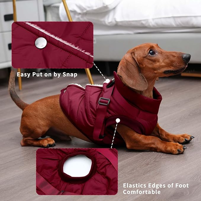 Dog Jacket with Harness,Fleece Lined Warm Puppy Coat for Winter,Soft Windproof Small Dog Vest,Red M