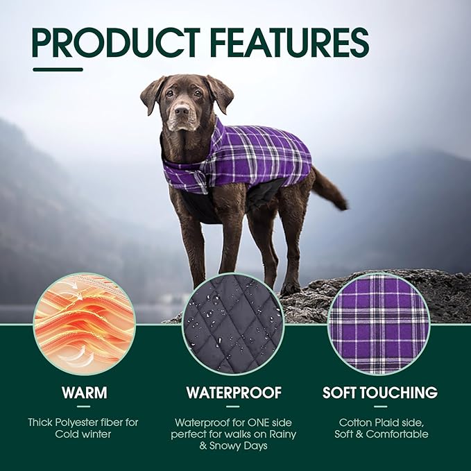 Kuoser Waterproof Dog Coat, Reversible Dog Jacket for Large Dogs, Adjustable Durable Doggie Winter Coat for Groowing Puppies Warm Puppy Cold Weather Apparel, Purple L