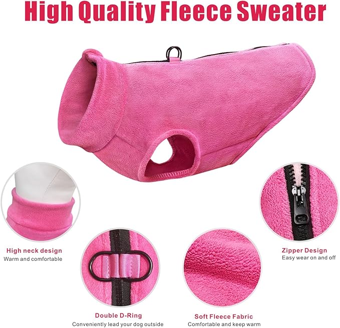 Idepet Dog Fleece Vest Sweater Zip Up Warm Pullover Dogs Jacket with D-Ring Leash Winter Cold Weater Coat Pet Sweatershirt Clothes Hoodie for Small Medium Dogs Boy Girl (Rose Red, XS)