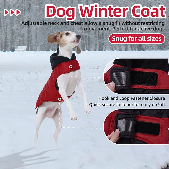 Nanaki Lightweight Dog Down Jacket with Leash Hole-Large Winter Dog Coat Reflective Stripes, Warm Snow Coat with Hood, Windproof Snowsuit for Cold Weather, Puffer Jacket for Outdoor Activities, Red