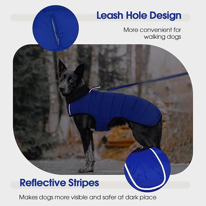 IDOMIK Dog Winter Coat, Warm Waterproof Dog Puffer Jacket with Harness Hole, Adjustable Reflective Snow Jacket Vest with Turtleneck, Pet Cold Weather Coats for Large Dogs,Blue,XL