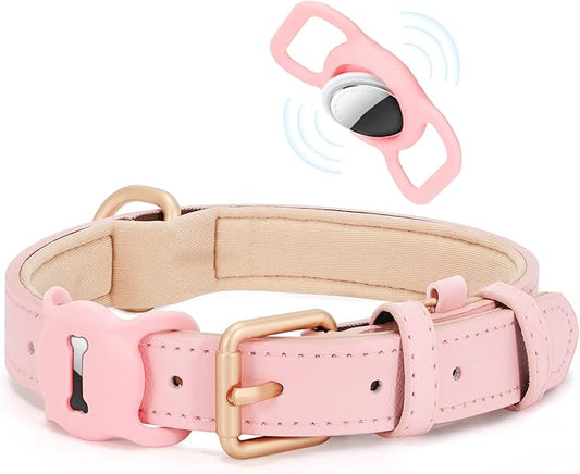 WHIPPY Airtag Leather Dog Collar GPS Tracker Air Tag Puppy Collar Adjustable Soft Leather Padded Dog Collar with Airtag Holder Case for Small Medium Large Dog Pet Backpack,Pink,L