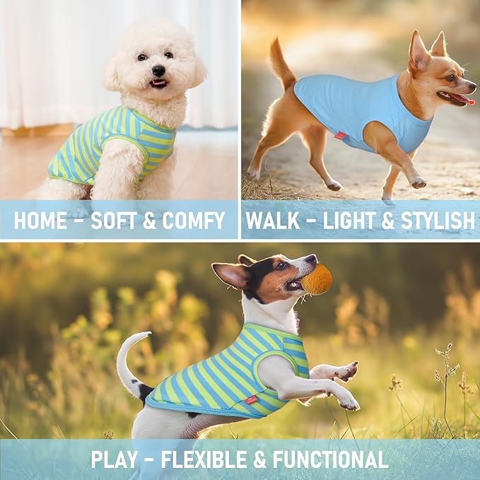 KYEESE 2Pack Dog Shirts Striped T Shirt for Large Dogs Lightweight Clothes Sleeveless Vest Cotton Tank Top, XXX-Large,Blue+Striped