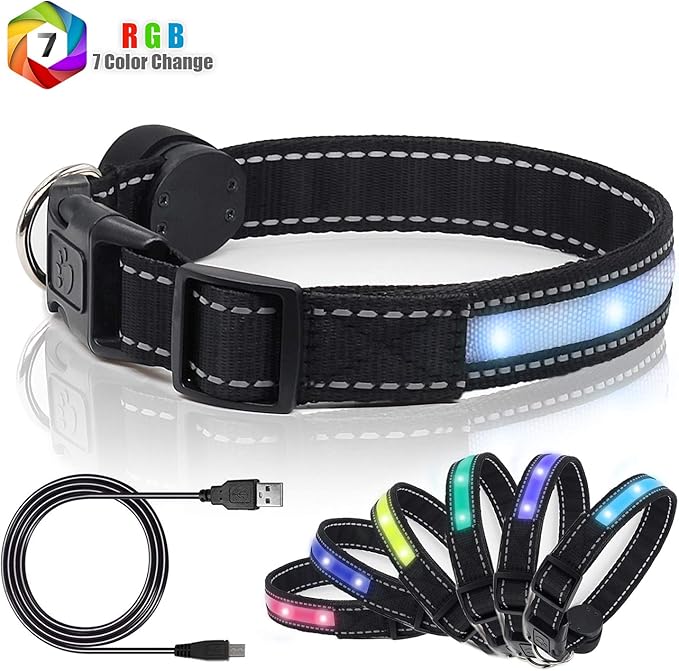 Light Up Dog Collars, Safety LED Dog Collar Rechargeable 7 Colors in One Lighted Dog Collar Glow in The Dark Dog Walking Light, Neon Durable Nylon Adjustable Buckle for Small/Medium/Large Dogs, L Size