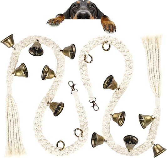 2 Pack Dog Bells for Door Potty Training, Handwoven Cotton Rope Dog Doorbell with 6 Extra Loud Bells, Adjustable Dog Door Bells for Small Medium Large Dogs to Ring to Go Outside, Beige