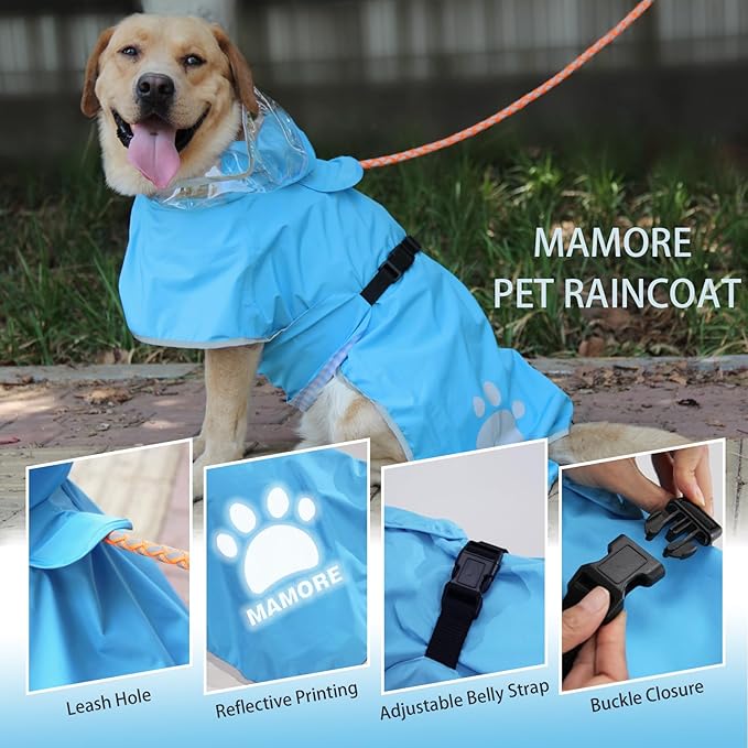 Waterproof Dog Raincoat, Reflective Adjustable Hooded Dog Rain Coat, Lightweight Breathable Pet Rain Jacket Poncho Double Layer with Leash Hole for Small Medium Large Dogs (Blue, Large)