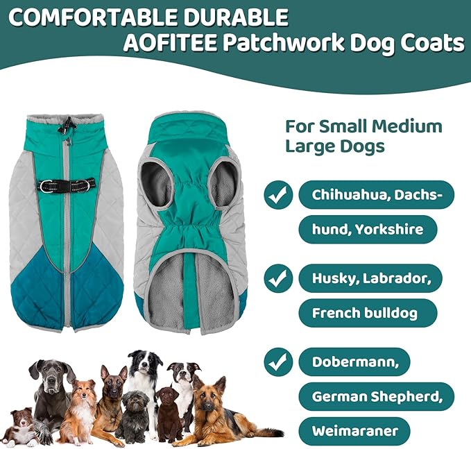 AOFITEE Dog Coat, Winter Jacket With Harness Built-in and Fleece Lined, Reflective Waterproof Pet Puffer for Small Medium Large Dogs, Green XL