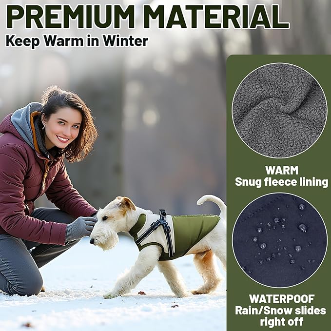 Dog Winter Coat for Small & Medium Dogs (Up to 31lb), Waterproof Dog Coat with Harness, Puppies Windproof Puppy Puffer Jacket, Snowsuit for Dachshund,Frenchie, Corgi (Classic Green, Small)