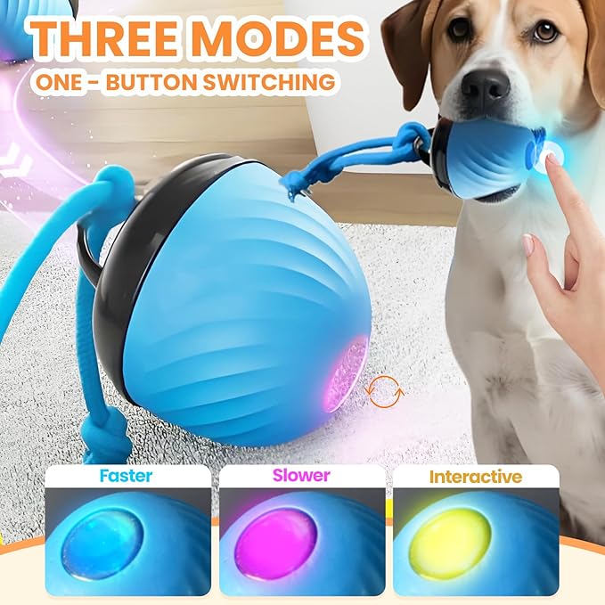 Interactive Dog Toys Ball, 2026 New Smart Pet Puppy Ball with Ropes, Random Path Electric Automatic Moving and Rolling Dogs Toy, for Small Medium Large Dogs Daily Training (Blue+Red)