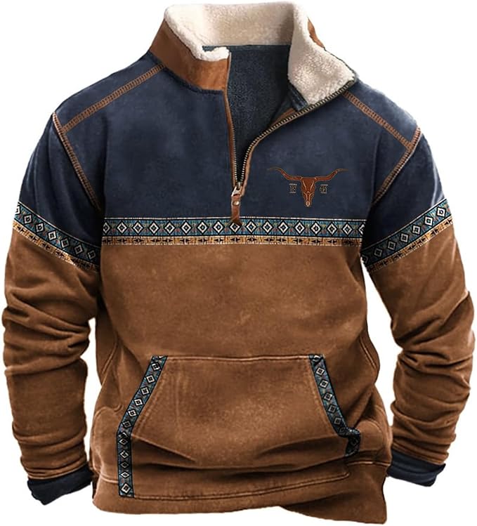 HOTYD Western Jackets for Men Cowboy Sweatshirts Vintage Ethnic Graphic Casual Long Sleeve Top 1/4 Zip Pullover Hoodies