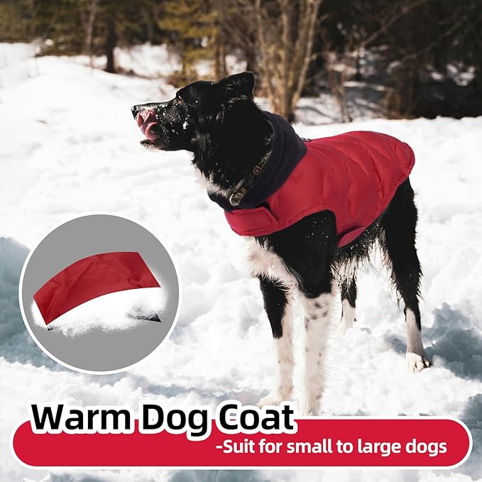 Nanaki Lightweight Dog Down Jacket with Leash Hole-Large Winter Dog Coat Reflective Stripes, Warm Snow Coat with Hood, Windproof Snowsuit for Cold Weather, Puffer Jacket for Outdoor Activities, Red