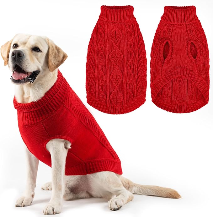 PUPTECK Dog Sweater, Turtleneck Warm Knitted Pullover Coat, Thick Cable Knitwear Clothes in Winter, Pet Apparel Outfits for Large Dogs, for Cold Weather Indoor & Outdoor, Red L