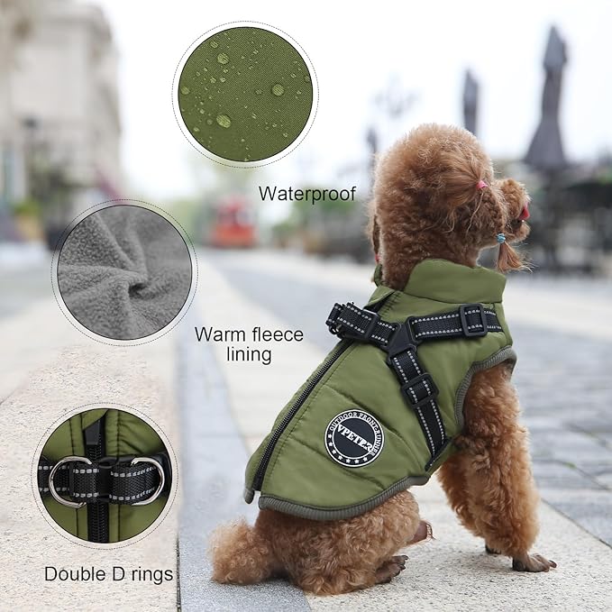 Dog Winter Coat,Warm Jacket Paded Fleece Pet Vest with Built in Harness,Windproof Reflective Cozy Adjustable Snow Pet Coat Clothes with Zipper for Small Medium Large Dogs