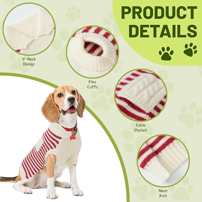 Small Dog Sweater, Knitted Striped Pullover Dog Clothes for Cold Weather, Thick Warm Cozy Stretchy Sweater for Chihuahua, Bulldog, Dachshund, Pug(Red & White Strip, XL)