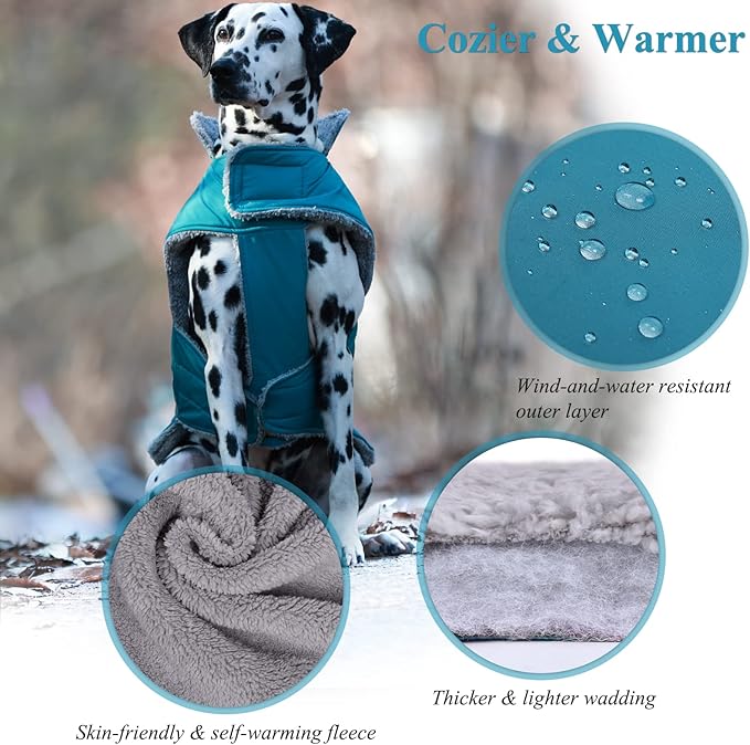 VIVAGLORY Frostfit Dog Coat, Dog Jacket for Winter & Cold Weather, Warm Fluffy Fleece Lined Water Resistant Reflective for Puppy, Coat with Velcro Fastening & Leash Hole, M+, Turquoise