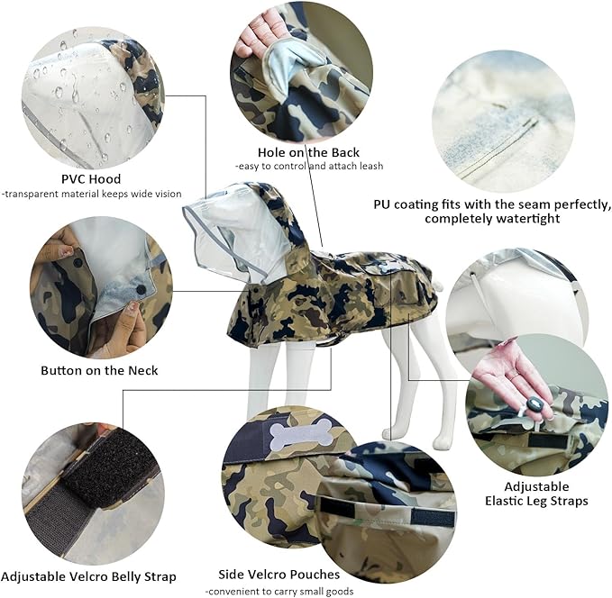 Waterproof Dog Raincoat, Adjustable Reflective Lightweight Pet Rain Clothes with Poncho Hood(X-Small,Camo)