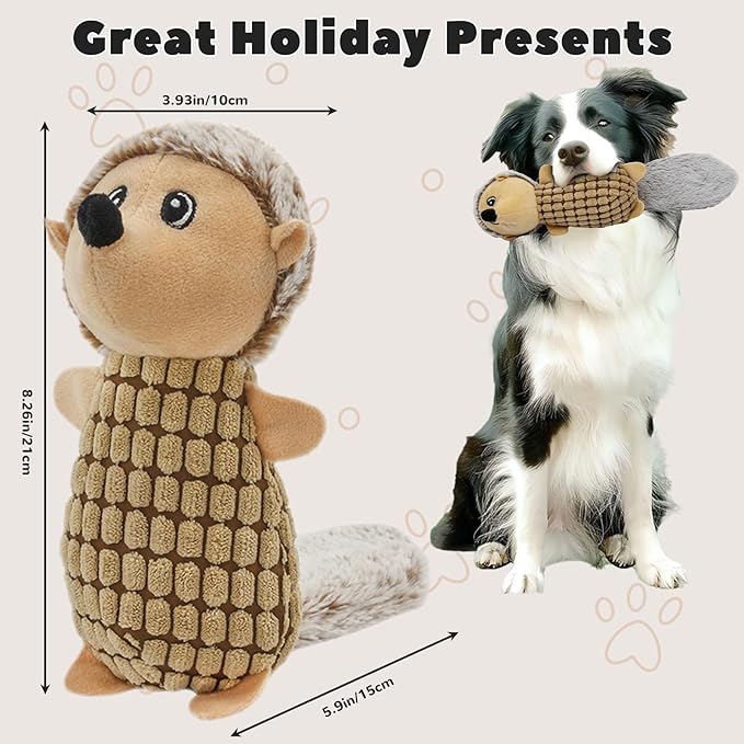 Crinkle Dog Toys Squeaky Plush No Stuffing Cute Puppy Stuffless Tough Rop Pull Toy, Fun Dog Stuffed Animals Durable Chew Set for Small Medium Large Pup (Large, Brown Squirrel)