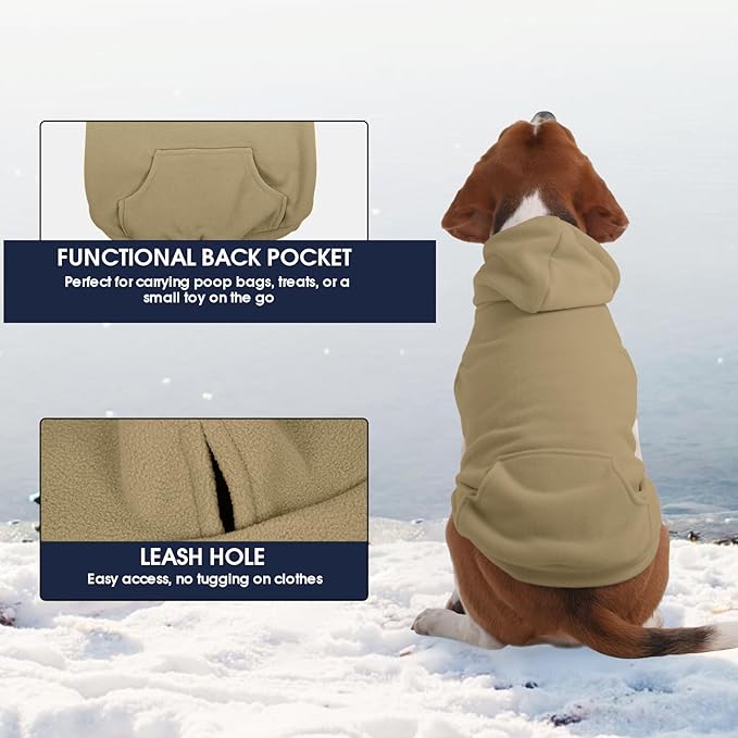 IECOii Dog Hoodie for Medium Dogs, Warm Fleece Dog Hoodies Sweater with Leash Hole and Pocket, Cozy Dogs Cold Weather Coat for Fall Winter Hooded Sweatshirt Vest for French Bulldog, Khaki, L