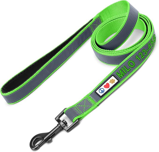 Pawtitas Personalized Dog Leash Embroidered Customize Your Pet Name & Phone Number Puppy Reflective 6 ft Long Small Green Custom Tag Name, Green Reflective 🔦 Padded